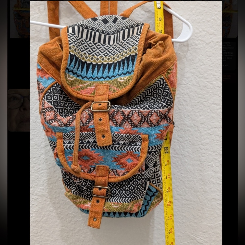 Boho Aztec hippie backpack with drawstring buckles, woven tribal‎ hippie - Picture 3 of 7